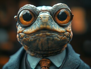 Close-up of an anthropomorphic turtle in a classic suit, showcasing patience and reliability for consultancy and strategic roles. Detailed view of suit and turtle.