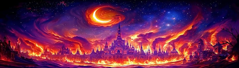 Regal Palace Amidst a Fiery Landscape at Night