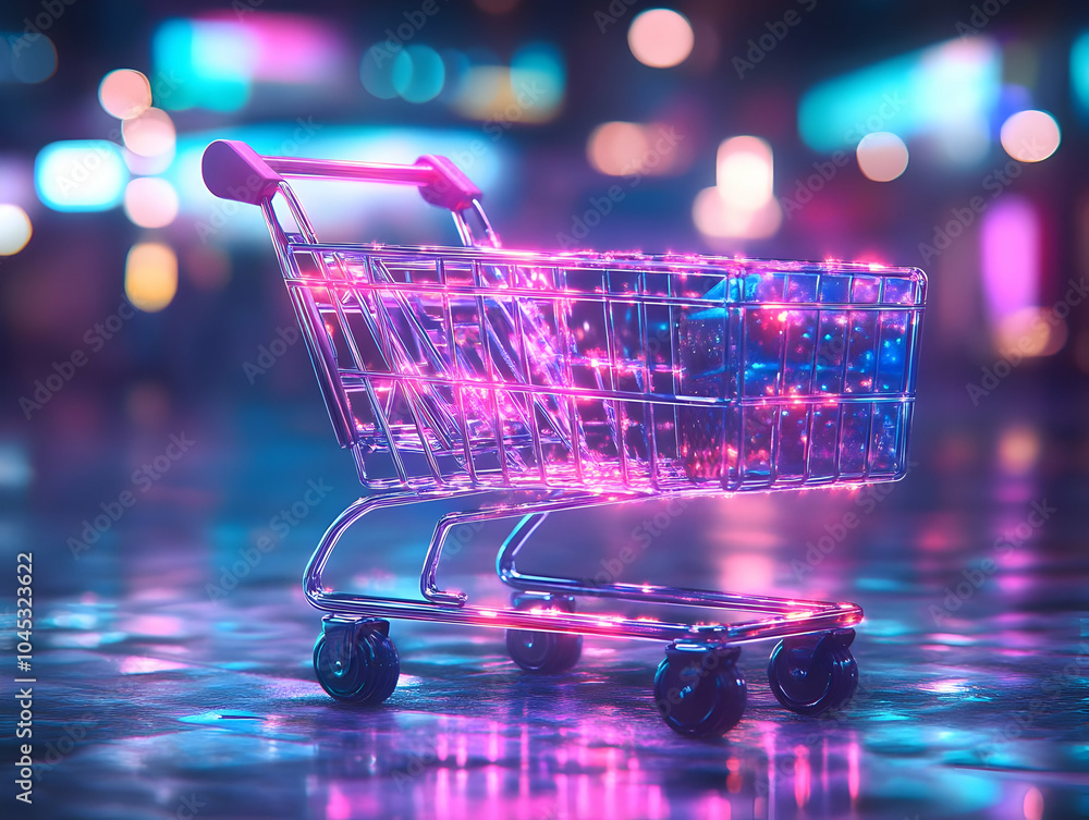 Poster flat macro shot holographic shopping cart glowing currency symbols close-up design abstract backgrou