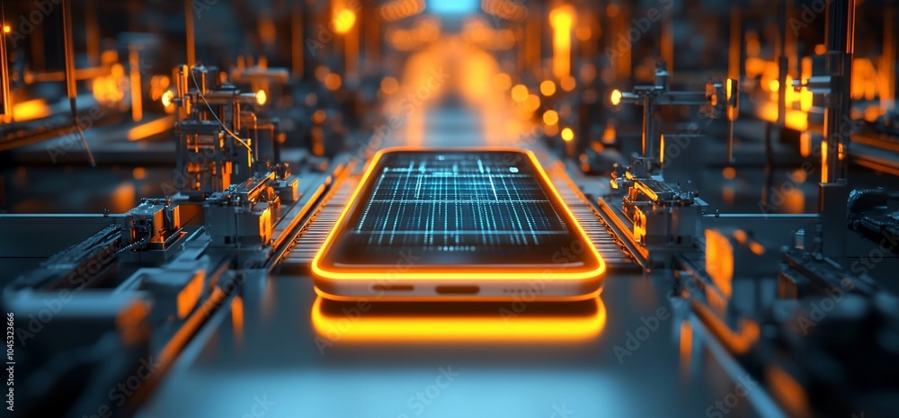 Poster a smartphone with glowing orange edges sits on a futuristic assembly line.