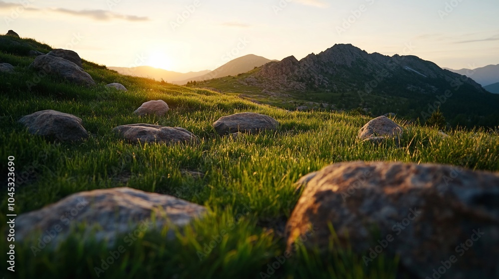 Leinwandbilder a field of grass with rocks in the foreground and a mountain range in the background with a setting 