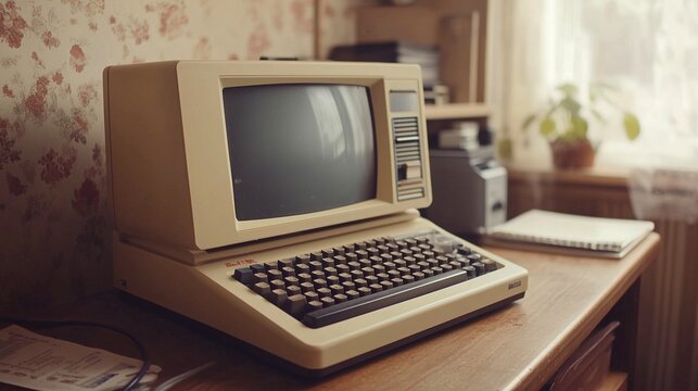 Vintage computer on a wooden desk in a nostalgic room