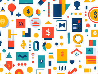 Flat Minimalist Tile Pattern with Geometric Shapes + Discount Symbols + Currency Icons for Modern Business Marketing Backgrounds - Clean, Structured Design for Finance Advertising