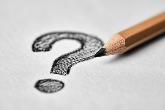 Pencil drawn question mark symbol icon on white paper close up detail, learn how to success.