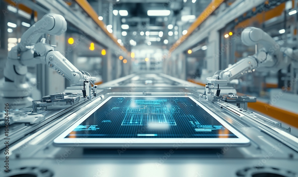 Aufkleber A tablet computer lays on a conveyor belt in a factory, with two robotic arms working on either side.