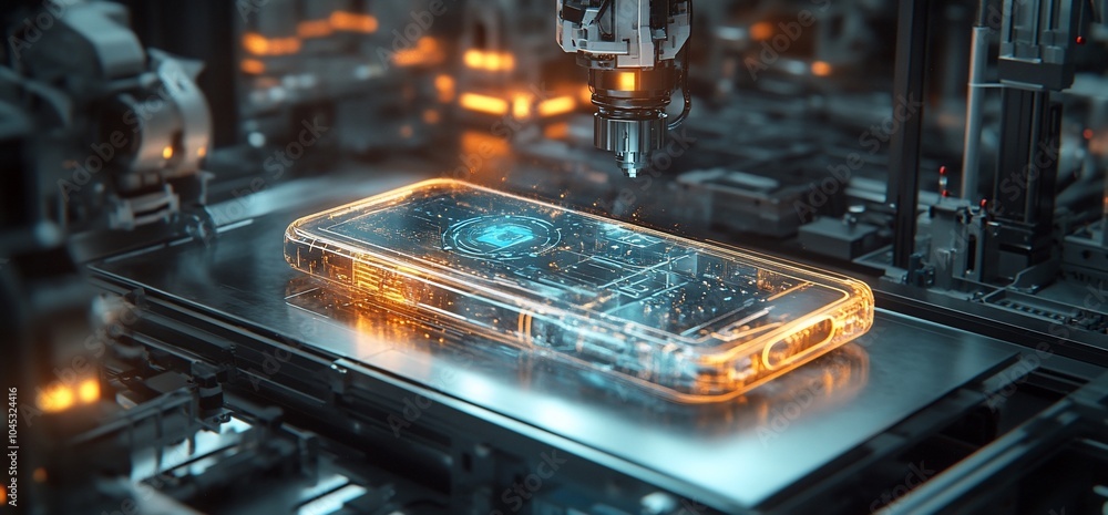 Poster A transparent smartphone on a factory production line with robotic arm and glowing lights.