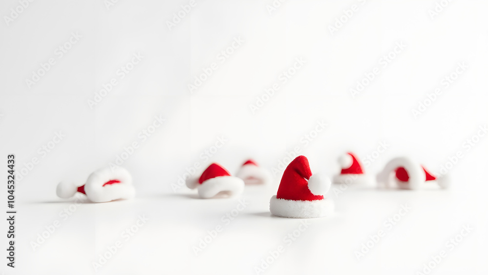 Poster Santa hats in isolation sit alone on a white surface surrounded by empty space completely.