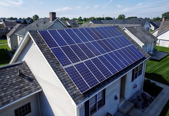 Fototapeta premium Residential Solar Installation. Modern suburban home with large array of solar panels covering south-facing roof.