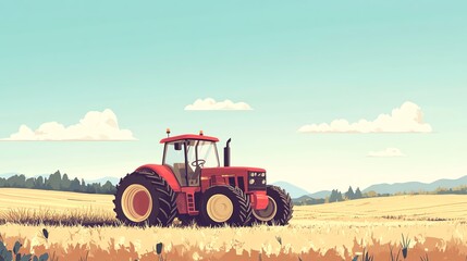 Obraz premium Vibrant red tractor in a wheat field under a clear blue sky, symbolizing modern agriculture and pastoral life.