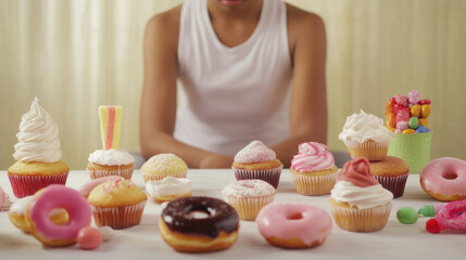 Sad person surrounded by sugary foods, reflecting the struggle between indulgence and emotional well-being, highlighting the complexities of comfort and self-care.