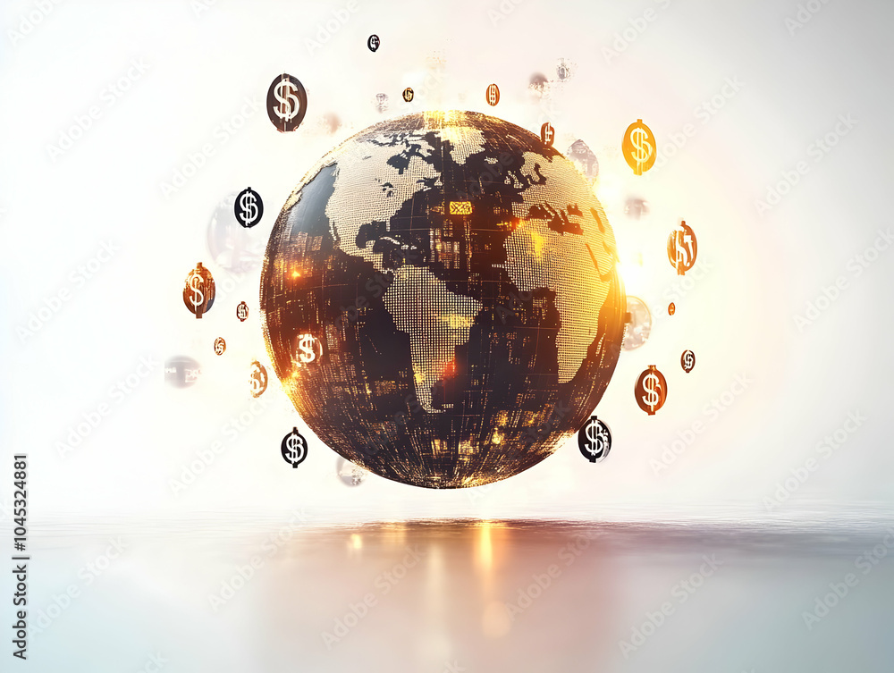 Poster flat soft abstract globe emitting currency symbols bokeh lights digital artwork representing global 
