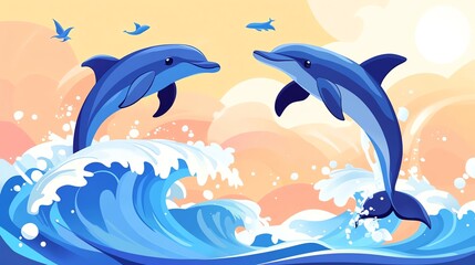 Fototapeta premium Two playful dolphins jumping over waves under a colorful sunset.