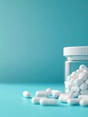 Pills and bottle with pills on blue background