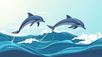 Naklejka premium Two dolphins gracefully leaping through the waves under a clear blue sky.