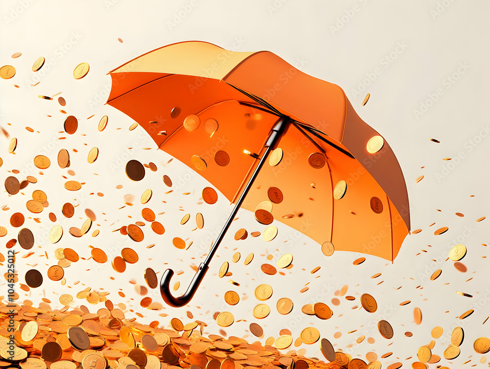Poster flat soft abstract coins raining over open umbrella bokeh effect - digital art of currency abundance
