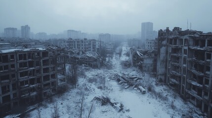 A city with snow on the ground and ruined buildings. Nuclear winter concept