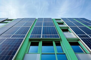 Obraz premium Solar panels building. Modern office building with solar panels on facade. Low angle view of sustainable green energy architecture.