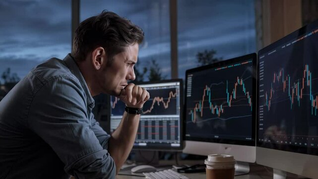 4K Footage of a losing forex trader with sad and desperate expression because he worry to lose a lot of money.