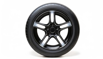 Obraz premium Shiny black car wheel isolated on white background