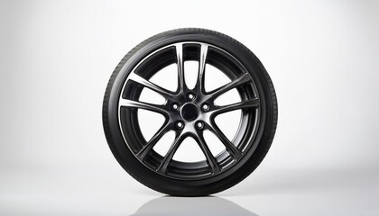 Obraz premium Shiny black car wheel isolated on white background