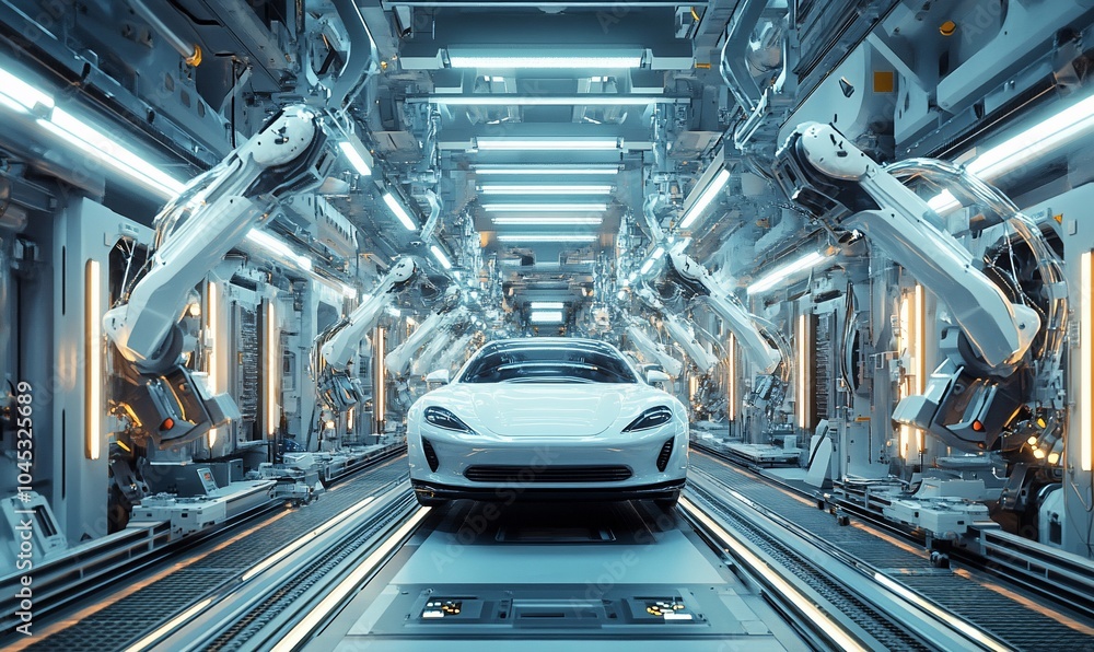 Poster a white car is being assembled on a futuristic assembly line with robotic arms and glowing lights.
