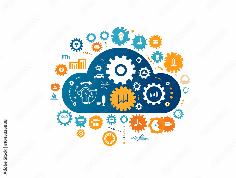 Poster flat vector icon cloud gears cloud computing business solutions modern illustration efficient proces