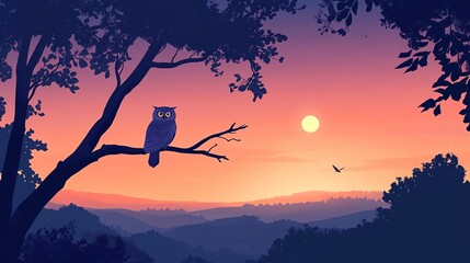 Obraz premium Owl perched on a branch at sunset, picturesque landscape with mountains and colorful sky.