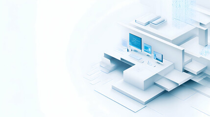 A white background with isometric illustrations of a modern office, including a desk, chair, and computer with subtle shadows and light blue accents