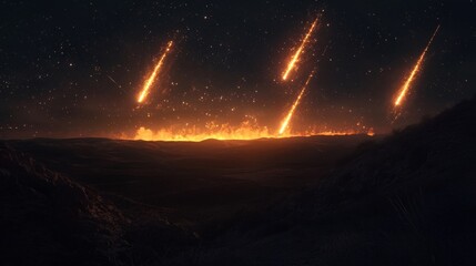 A series of fireballs are falling from the sky, creating a sense of danger and destruction. The scene is set in a desolate, barren landscape, with no signs of life or civilization in sight