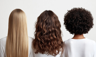 
Back view of three women with different hair. Photograph demonstrating that there are different types of hair. 