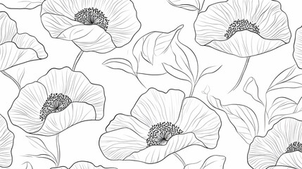 Fototapeta premium A white background with line art of flowers and leaves, drawn in thin black outlines, creating a delicate and minimalistic look