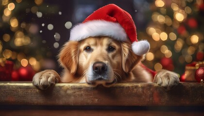 A cute and adorable golden retriever wearing a red Christmas hat surrounded by ornaments and xmas decorations; dog photography; holiday season and winter festivity; a cute dog wearing a Christmas hat