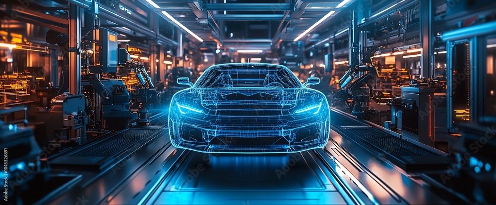 Poster a wireframe car model on a futuristic assembly line.