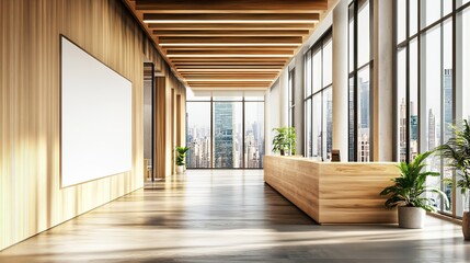 Fototapeta premium Clean wooden office corridor interior with reception desk, panoramic windows and city view, blank white mock up banner with mock up place. 3D Rendering