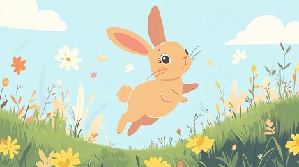 Cute rabbit hopping through a field of flowers, bright blue sky with clouds.