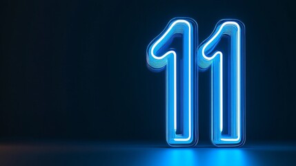 Neon Blue Number Eleven, 11, On A Dark Background With Reflections, 3D Rendered Illustration.