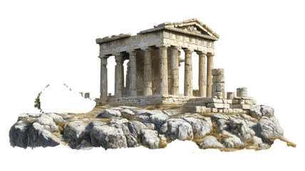 Obraz premium Ancient temple ruins on rocky terrain surrounded by natural landscape in an atmospheric location.