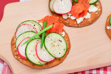 Crispy Cracker Sandwiches with Fresh Salmon, Cucumber, Radish, Cottage Cheese and Green Onions. Easy Breakfast. Quick and Healthy Sandwiches. Crispbread with Tasty Filling. Healthy Dietary Snack