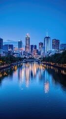 Obraz premium Luminous Modern City Skyline Reflected in Calm Water
