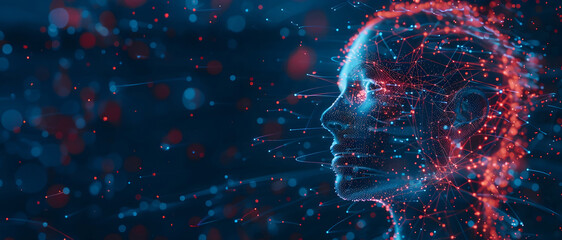Artificial intelligence. Abstract human face on dark red and blue background, internet, network, Ai technology, artificial mind, cyborg security, digital innovation, big data concept