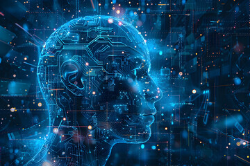 Artificial intelligence. Abstract human face on dark blue background, internet, network, Ai technology, artificial mind, cyborg security, digital innovation, big data concept