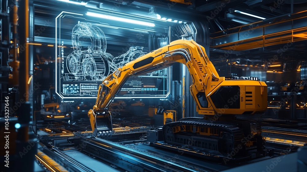 Poster a yellow excavator in a futuristic factory with a digital blueprint on the screen.