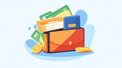 Colorful wallet overflowing with cards and coins on a pastel background.