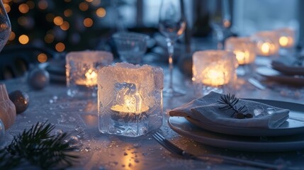 Frosty Ice Cube Candle Holders, unique textured ice cubes elegantly arranged as candle holders, adding a wintry charm to a beautifully set table for seasonal gatherings