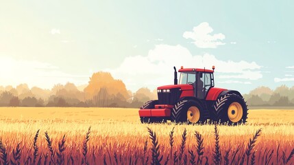Fototapeta premium Colorful tractor in a wheat field under a clear blue sky.