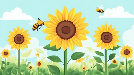 Colorful sunflowers in a bright field with buzzing bees, creating a vibrant summer scene.