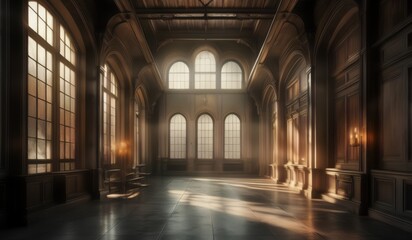 Fototapeta premium a long hallway with a bench and windows