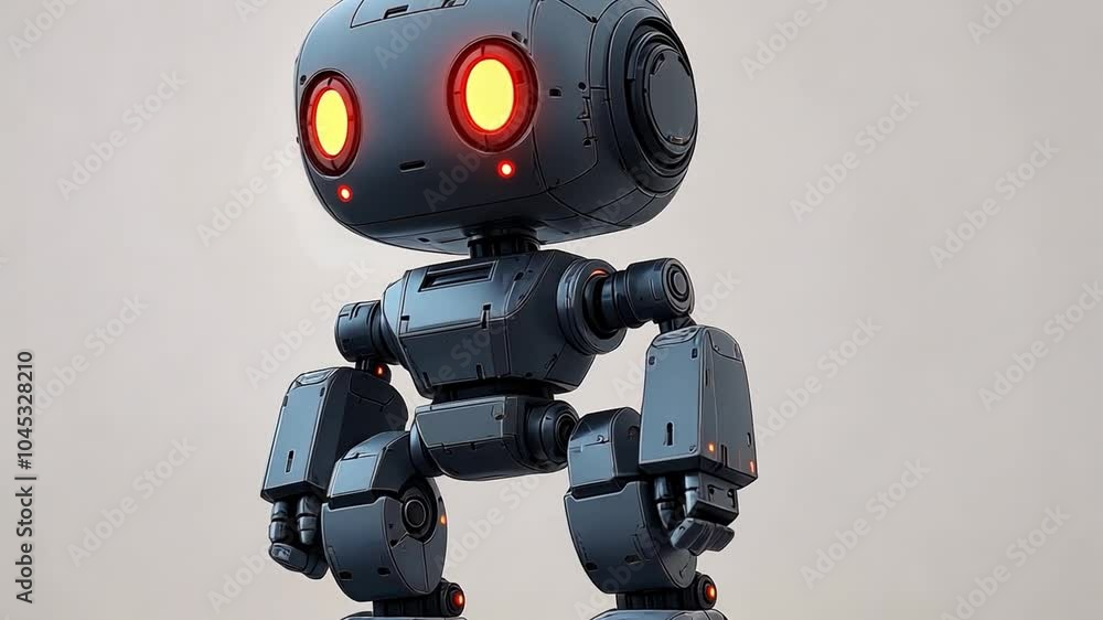 Poster a unique robotic character exploring a futuristic setting with bright orange eyes