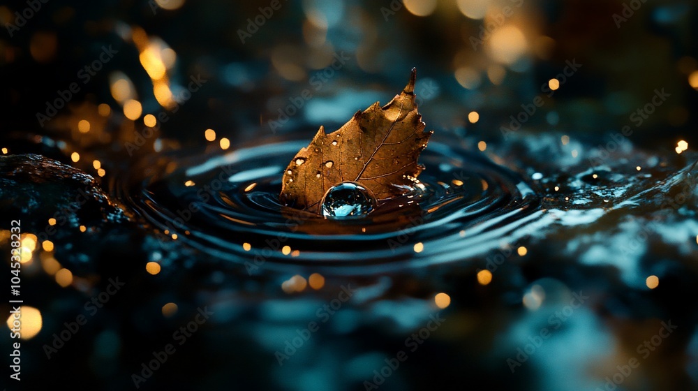 Poster a single water drop creates ripples in a puddle, with a leaf floating on the surface.
