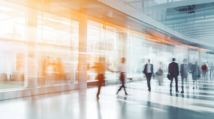 motion blur image of business people crowd walking at corporate office in city downtown, blurred background, business center concept